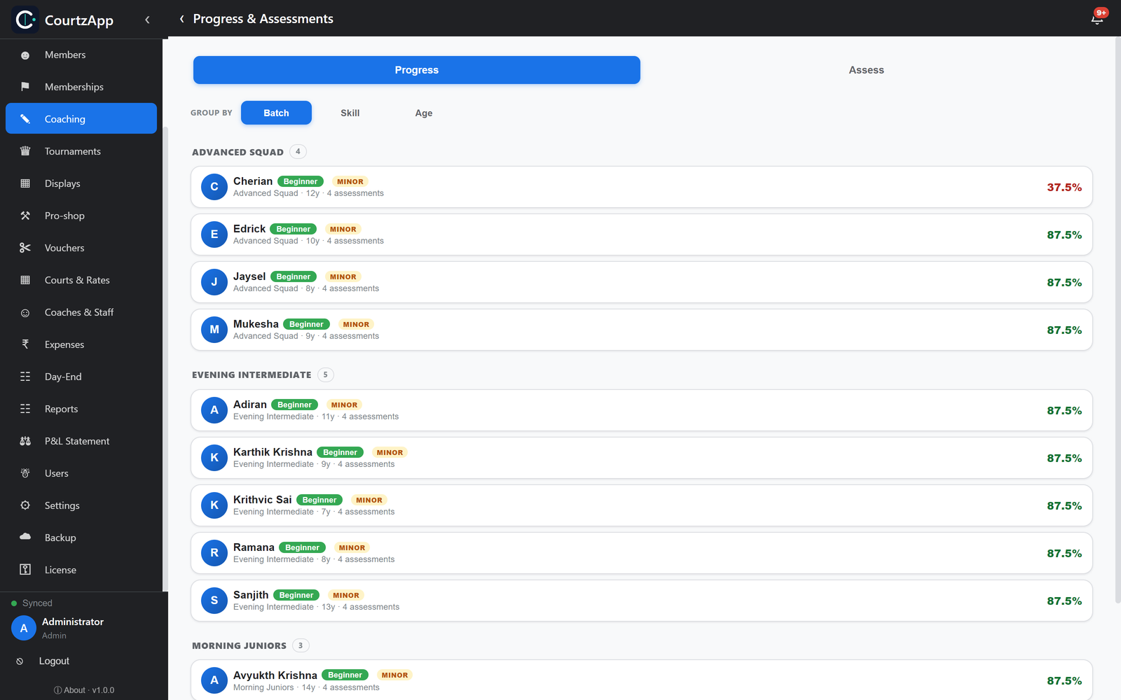 CourtzApp coaching progress